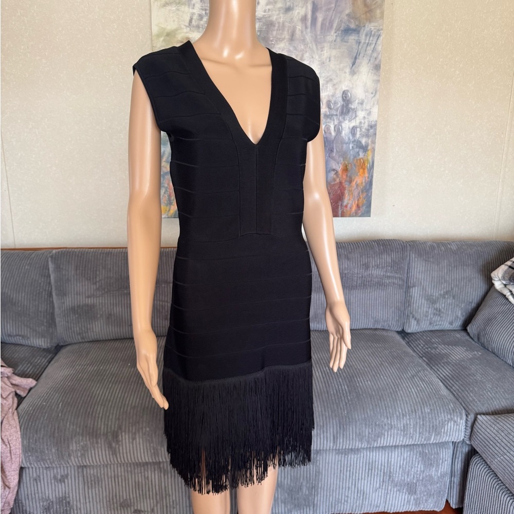 VENUS Black Mini Dress with Fringe Detail